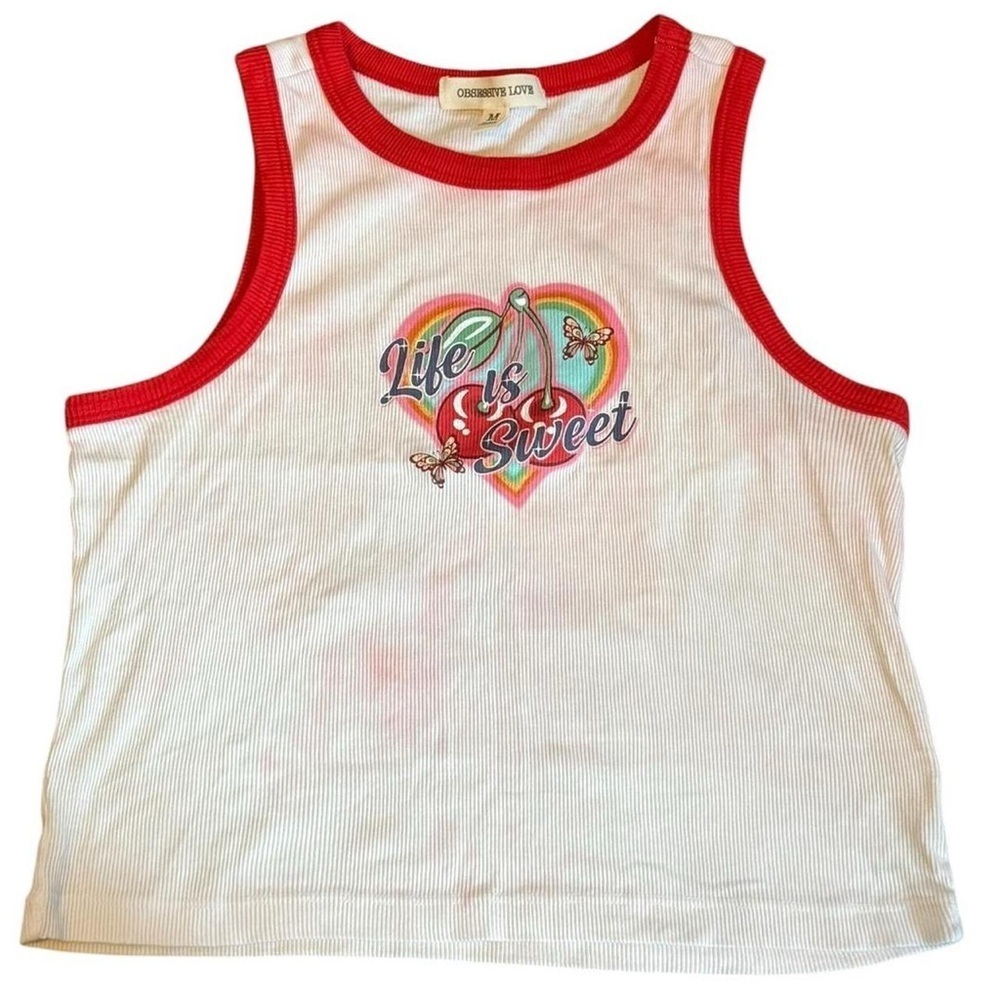 Obsessive Love  Cream & red tank top with "Life is Sweet" #y2kfashion